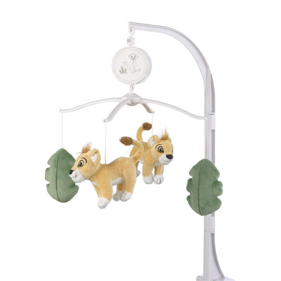 Musical mobile featuring plush Simba toys and green leaf decorations, designed for nursery decor.