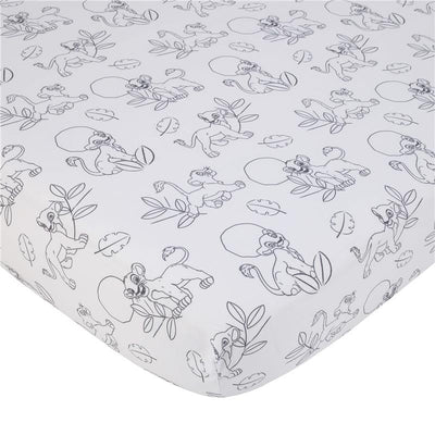 Super soft fitted crib sheet featuring black and white illustrations of Lion King characters and leaves on a white background.