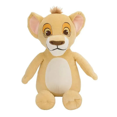Tan Simba plush stuffed animal with expressive eyes, soft body, and a tuft of fur on top, ideal for cuddling.