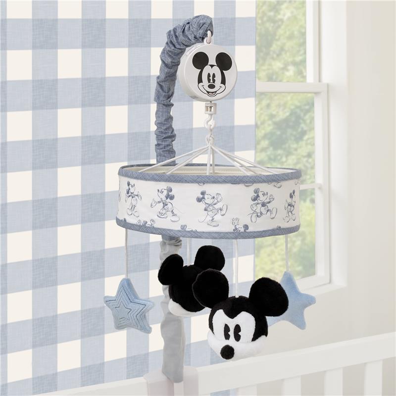 Disney Mickey Mouse musical mobile in blue and white, featuring plush Mickey figures and star-shaped decorations.