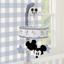 Disney Mickey Mouse musical mobile in blue and white, featuring plush Mickey figures and star-shaped decorations.