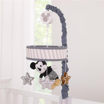 Musical mobile featuring a plush Mickey Mouse, hanging stars, and a gray striped canopy, designed for nursery use.