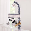 Musical mobile featuring a plush Mickey Mouse, hanging stars, and a gray striped canopy, designed for nursery use.