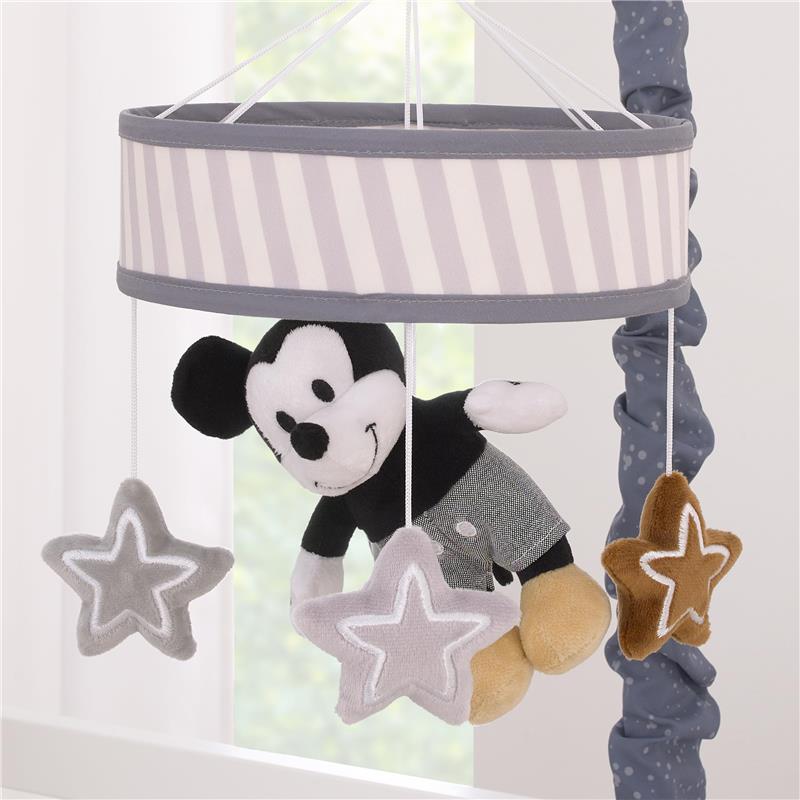 Musical mobile featuring Mickey Mouse and plush stars in gray and brown, designed for a nursery setting.