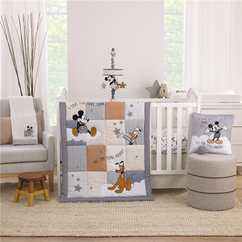 Fitted crib sheet featuring Mickey Mouse and friends, surrounded by playful patterns and soft colors, enhancing a nursery.
