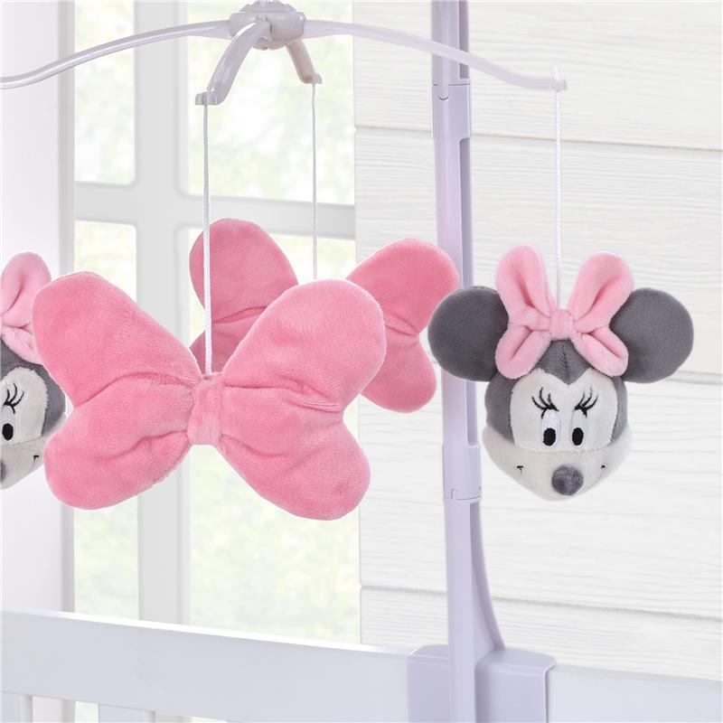 Minnie Mouse plush mobile featuring pink bows and a Minnie Mouse head, designed for baby nursery décor.