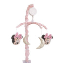 Musical mobile with Minnie Mouse plush decorations and silver crescent moons, featuring a pink fabric arm and a music box.