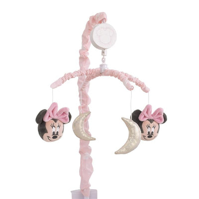 Musical mobile with Minnie Mouse plush decorations and silver crescent moons, featuring a pink fabric arm and a music box.