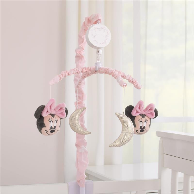 NoJo Disney Minnie Mouse Twinkle Twinkle Minnie Musical Mobile featuring Minnie Mouse plush figures and glittery crescent moons.