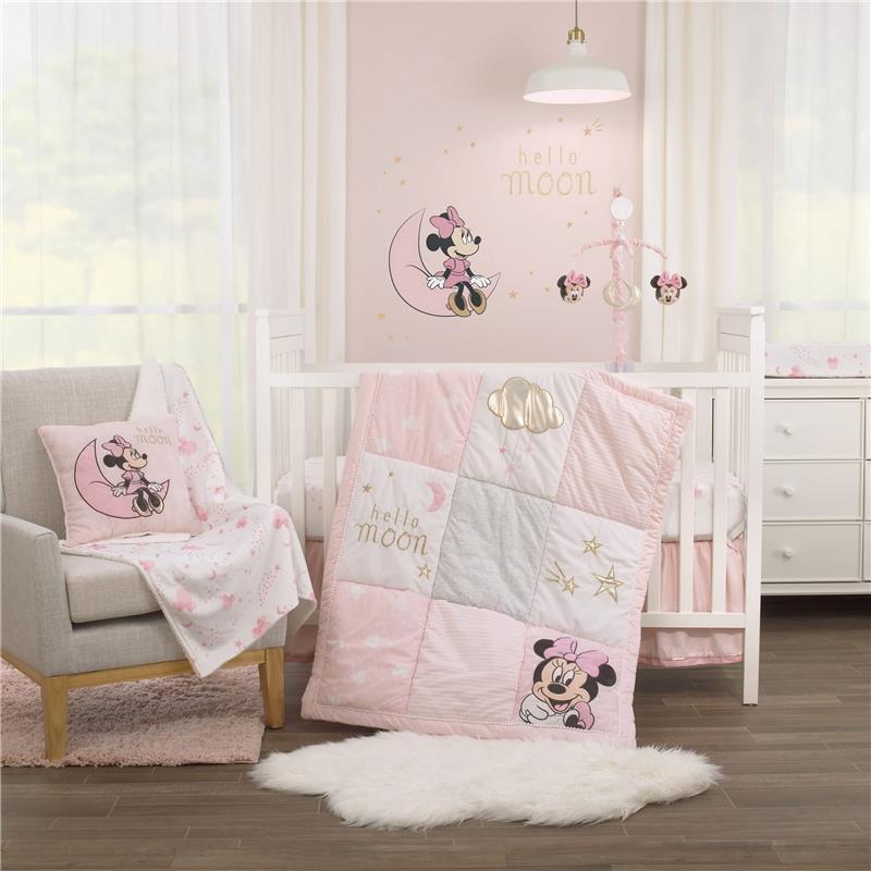 NoJo Disney Minnie Mouse Twinkle Twinkle Minnie Musical Mobile in a pastel nursery featuring a quilt, pillow, and wall art.