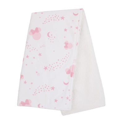 Pink and white baby blanket featuring Disney Minnie Mouse designs, stars, and moons, with a super soft texture.