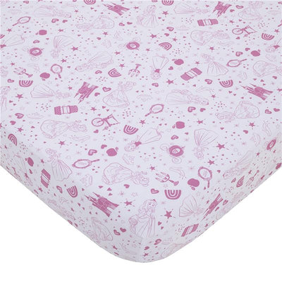Fitted crib sheet featuring NoJo Disney Princess designs with castles, hearts, stars, and princess silhouettes in pink.