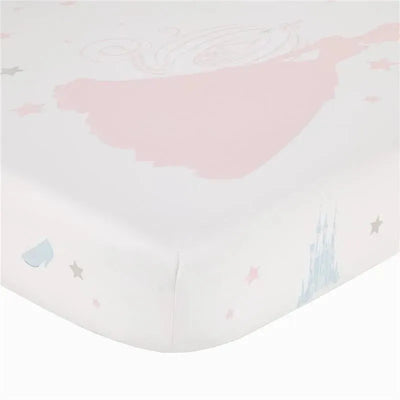 Fitted crib sheet featuring pastel colors, Disney princess silhouettes, and decorative stars, perfect for nursery decor.
