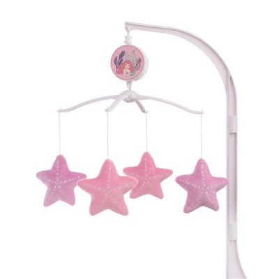 Musical mobile featuring four pink star-shaped plush toys and a central disc illustrating Ariel from The Little Mermaid.