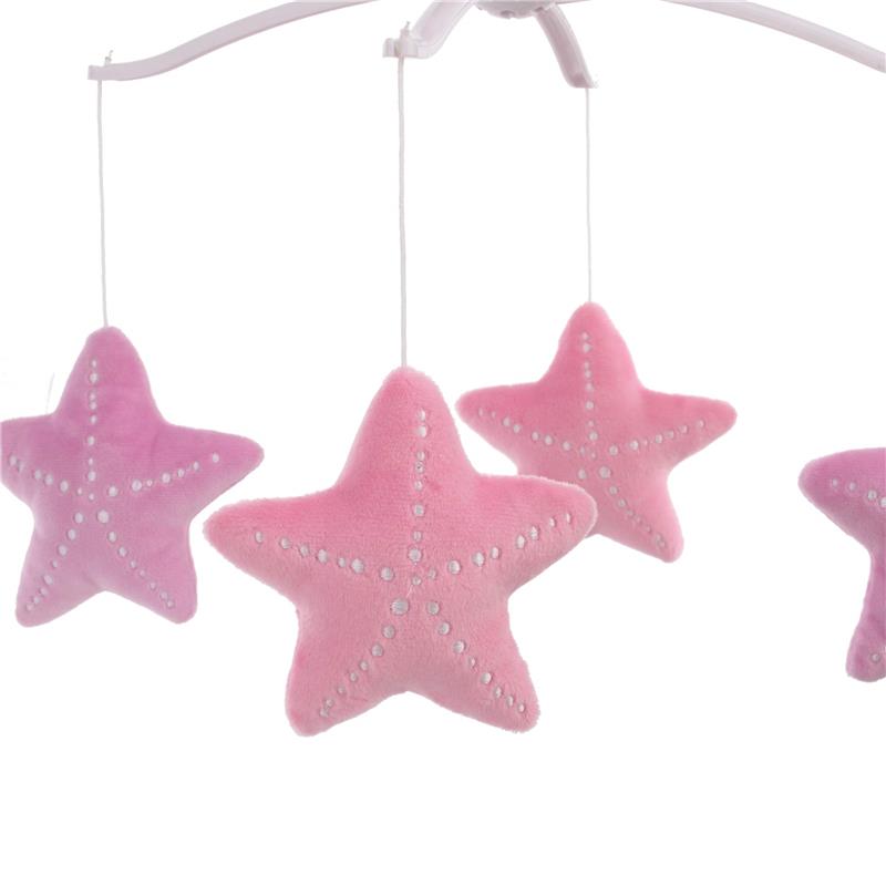 Musical mobile featuring plush pink starfish with stitched details, designed for infants.