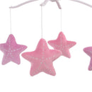 Musical mobile featuring plush pink starfish with stitched details, designed for infants.