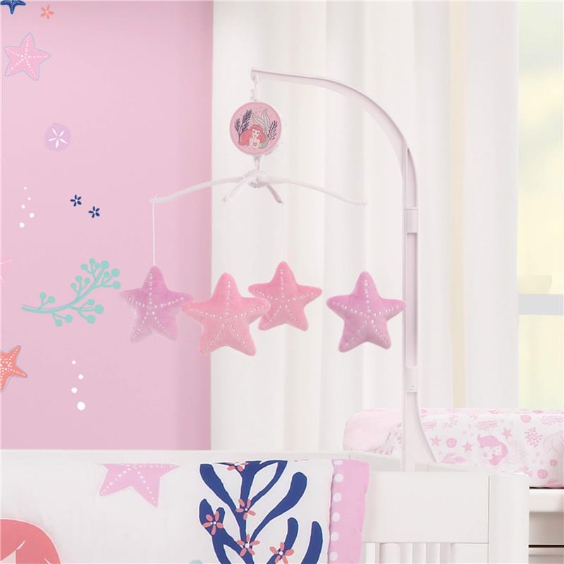 Musical mobile featuring pink star-shaped plush toys and a Little Mermaid design, designed to soothe infants.