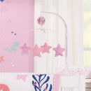 Musical mobile featuring pink star-shaped plush toys and a Little Mermaid design, designed to soothe infants.