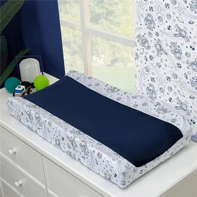 Changing pad cover featuring a navy center with a Toy Story-themed border depicting space characters and graphics.