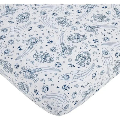 Fitted crib sheet featuring Buzz Lightyear and space-themed designs, including rockets, planets, and stars.