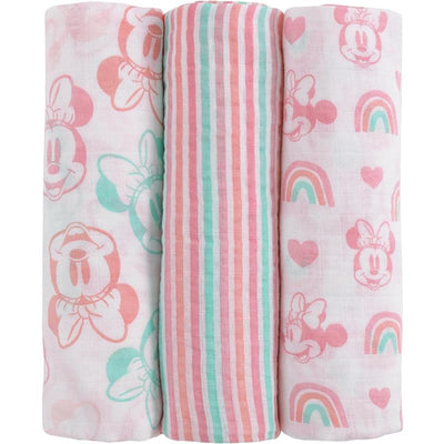 Three muslin swaddles featuring Minnie Mouse designs, including repeated character images, stripes, and rainbow patterns.