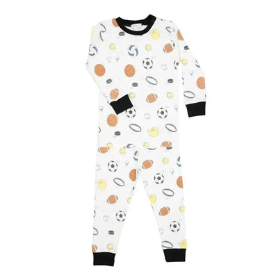 Noomie 2Pk Baby Boy Pajama Set with a sports theme, featuring various sports balls on a white background.