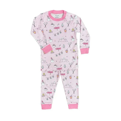 Long sleeve pink pajama set featuring winter-themed patterns, including snowmen, mountains, and trees.