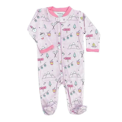 Zipper footie pajama for children in light purple, featuring a playful ski theme with snowmen, trees, and mountains.