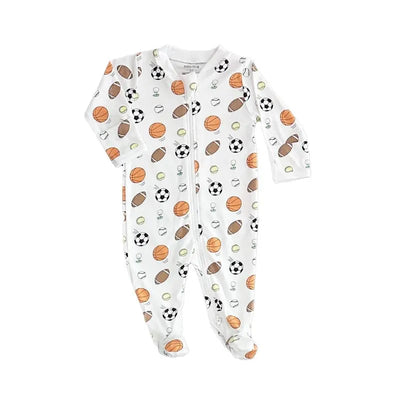 Baby footie pajamas featuring a playful all-over print of various sports balls, including basketballs and soccer balls.