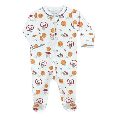 Zippered footie for babies featuring a basketball court design with hoops, basketballs, and sneakers.