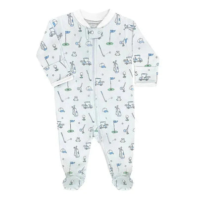 Blue baby footie featuring golf-themed prints, including golf clubs, flags, and animals, with a front zipper closure.