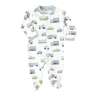 Zipper footie for baby boys featuring a transportation theme with various vehicles like cars, trucks, and buses on a white background.