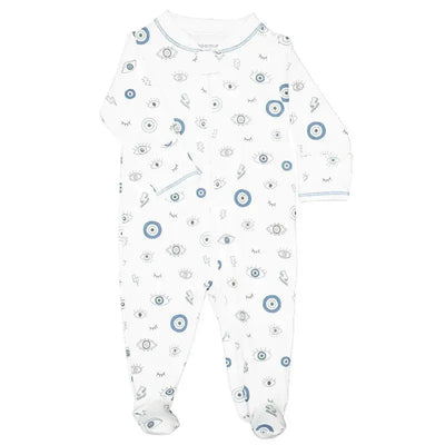 Zippered footie for baby boys featuring a playful evil eye pattern in blue and gray on a white background.