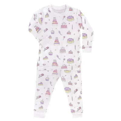 Long sleeve pajama set for baby girls featuring a playful cake and dessert print on a light purple background.