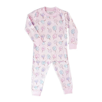 Long sleeve pink pajama set for baby girls, featuring a cotton candy print on both the top and pants.