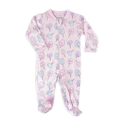 Cotton candy-patterned cotton footie for baby girls, featuring long sleeves and a zipper closure.