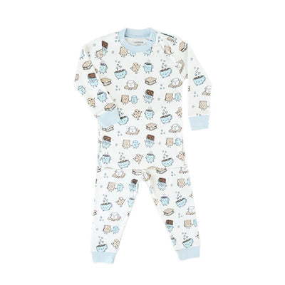Blue long sleeve pajama set for babies featuring a playful smores and dessert pattern.