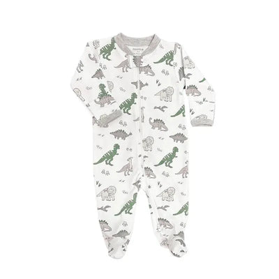 Zippered footie for infants featuring a playful dinosaur print in green and gray on a white background.