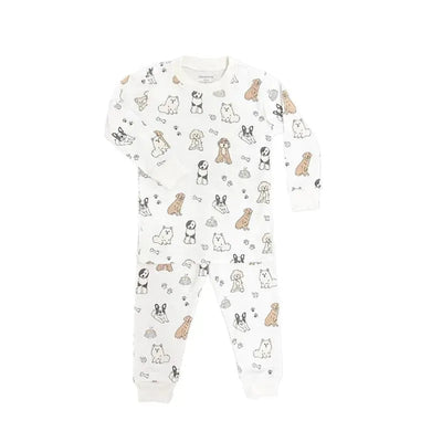 Long sleeve pajama set featuring a playful dog print with various breeds and dog-related motifs on a white background.
