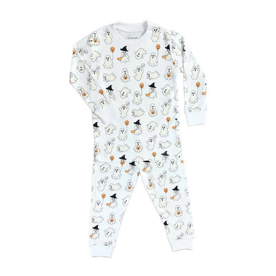 Long sleeve pajama set featuring a white background with colorful happy ghosts, some wearing hats and holding candy.
