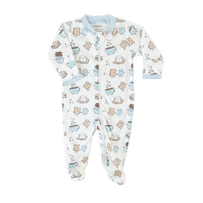 Blue zipper footie decorated with cute smores-themed illustrations, suitable for infants.