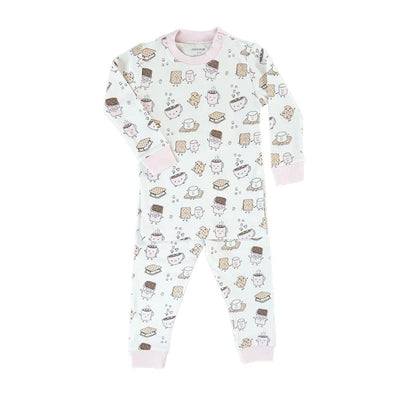 Long sleeve pink pajama set featuring a smores pattern with marshmallows, cookies, and hot chocolate illustrations.