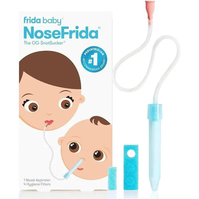 NoseFrida Baby Nasal Aspirator set, including nasal aspirator, hygiene filters, with cartoon graphics of a parent and baby.