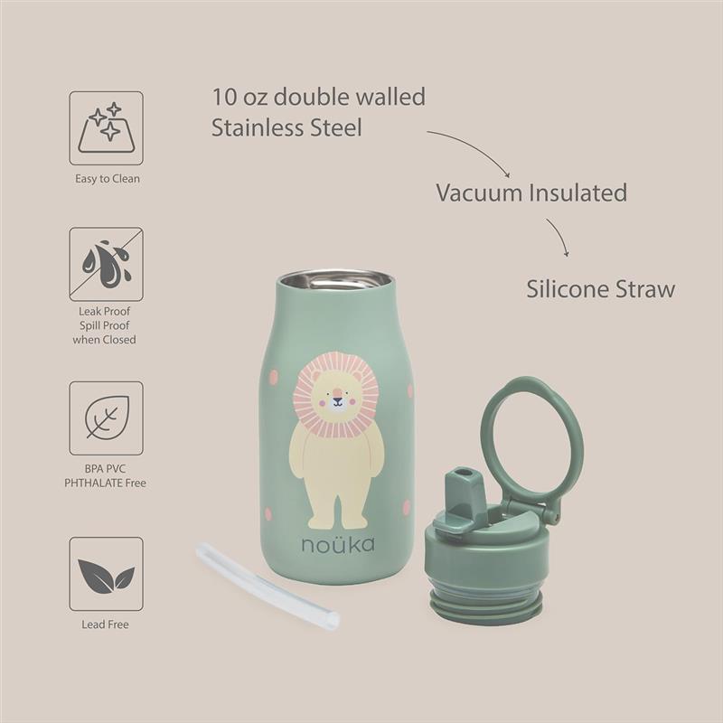 Nouka 10 oz Insulated Stainless Steel Kids Water Bottle, Roary the Lion Image 2