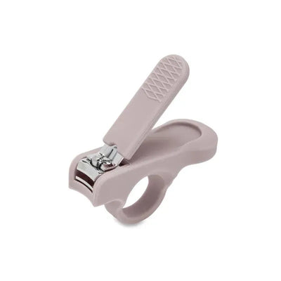 Baby nail clipper in soft pink, featuring a curved design and safety guard for easy and safe use.