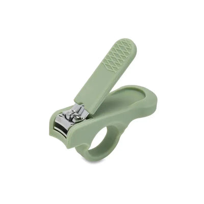 Baby nail clipper in leaf shape with a green plastic handle and stainless steel cutting edge.