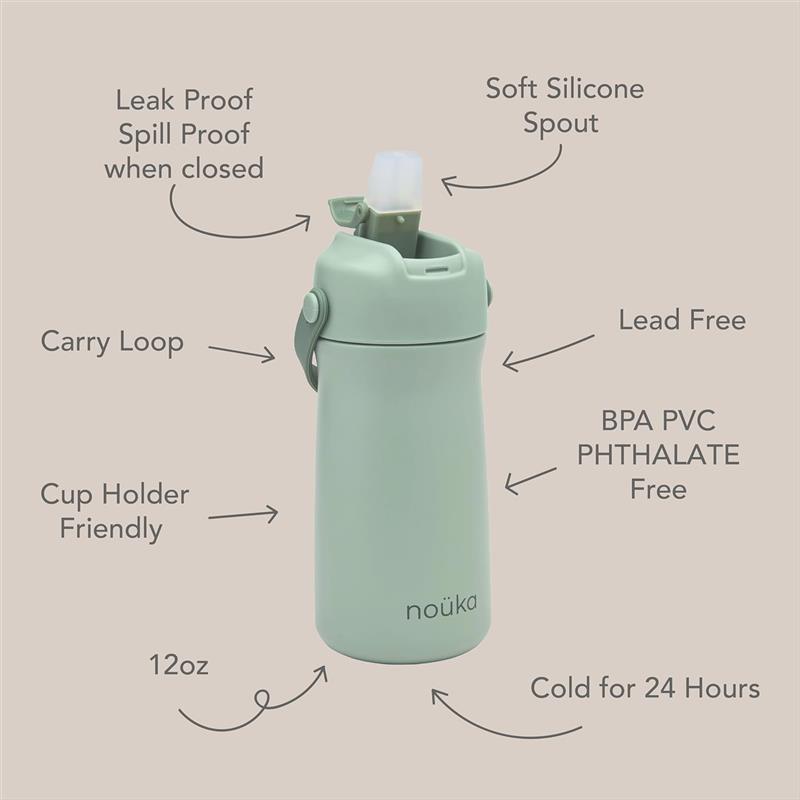 Nouka Kids Water Bottle with Silicone Spout and Silicone Straw, Moss Image 2
