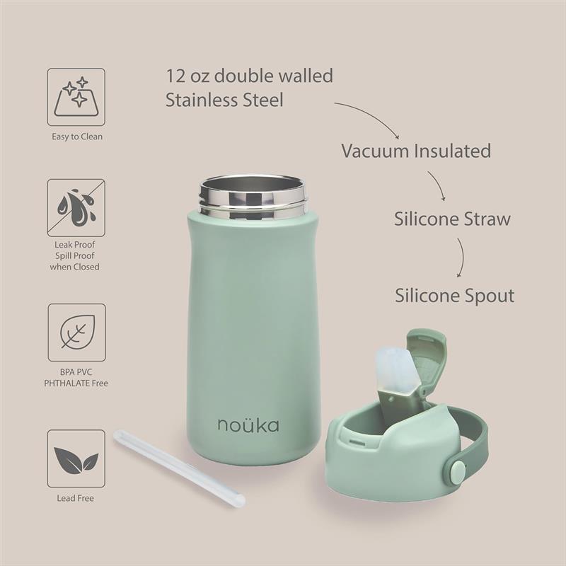 Nouka Kids Water Bottle with Silicone Spout and Silicone Straw, Moss Image 3