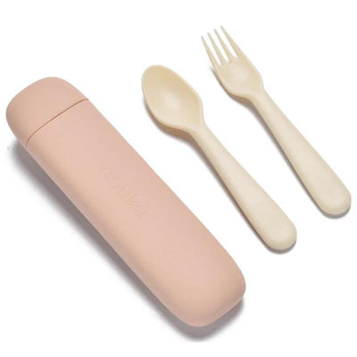 Reusable utensil set featuring a soft blush carry case, with a fork and spoon in a light beige color.