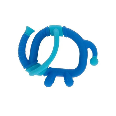 Blue silicone teething toy shaped like an elephant, designed for infants to soothe gums during teething.